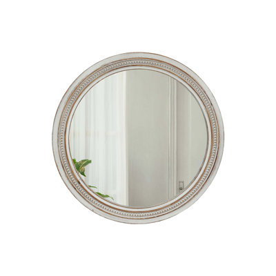 Vintage Round Wall Mirror, 23.62" Decorative Distressed White Frame Mirror With Ornate Beaded Trim For Bathroom/Living Room/Entryway