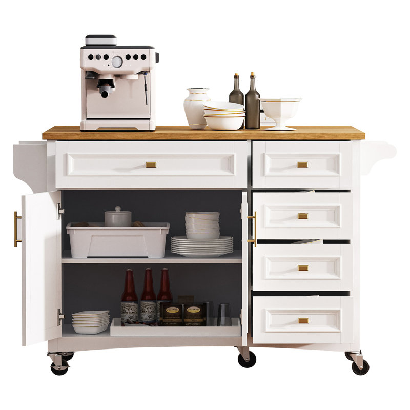 Îlot de cuisine de 52 po avec abattant, îlot de cuisine à texture en relief sur roulettes avec support à épices, porte-serviettes, 2 portes et 5 tiroirs, chariot de rangement de cuisine avec tablette réglable pour la cuisine