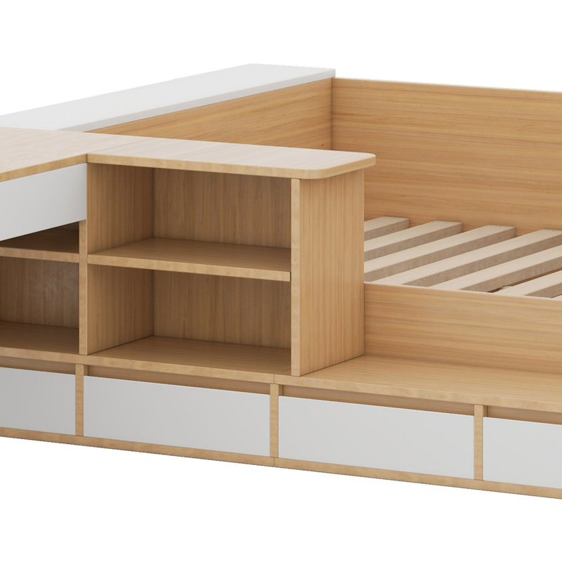 Lit plateforme avec tiroirs, tablettes, bureau et garde-robe, Naturel