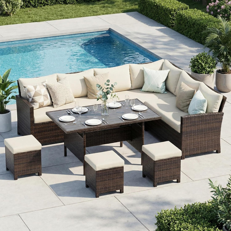 Ensemble de conversation modulaire en rotin 7 pièces avec coussins Cueva, Structure brune / coussin beige