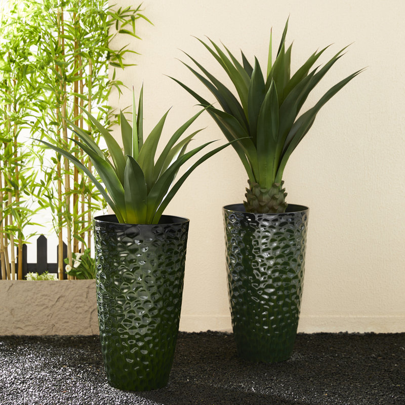 Set Of 2 Oversized Eco-Friendly PP And Stone Honeycomb Textured Tall Plastic Planter, Green, 23.75" H x 13.75" W x 13.75" D