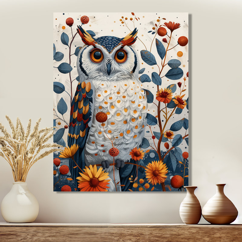 Nobel, hibou en fleurs, fleurs orange, Toile tendue, H 40 po x l 30 po x P 1,5 po