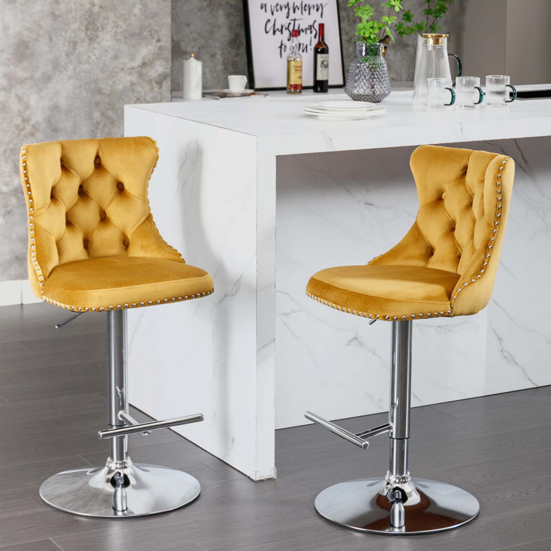 Tabourets de bar pivotants en velours, 2, Argent argent, Jaune