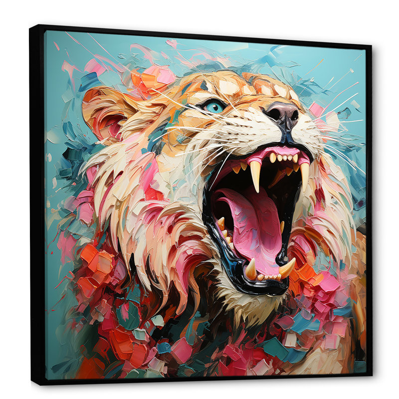 Lion rose rose - décoration murale animal lion, Cadre flottant noir, H 16 po x l 16 po x P 1 po