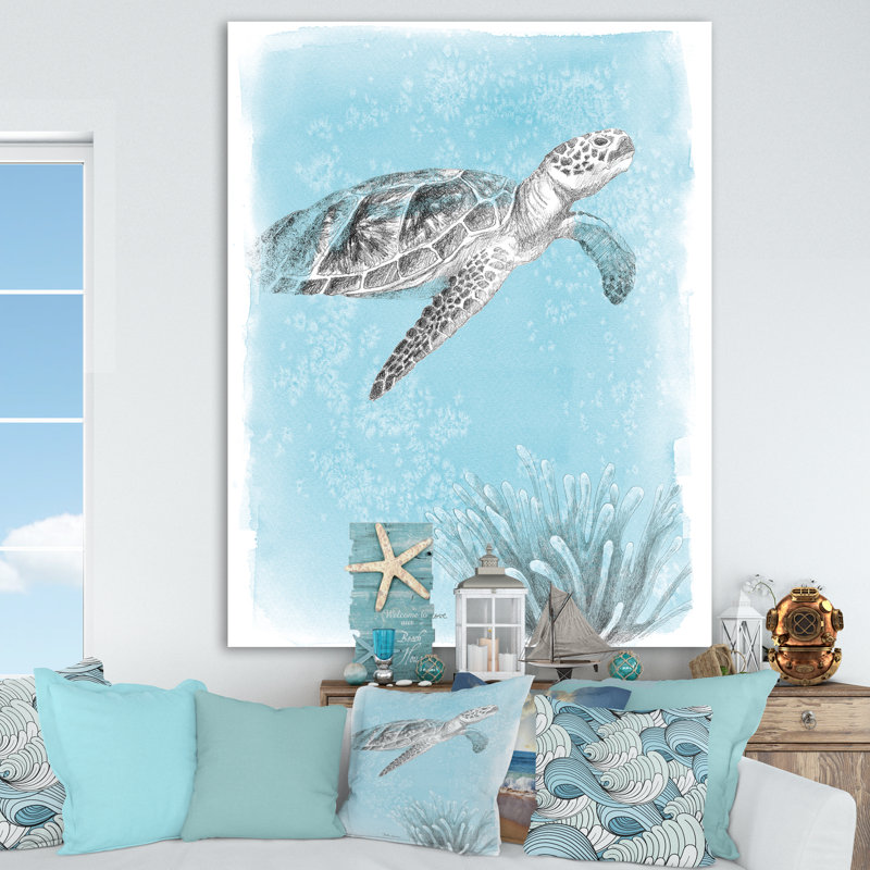 «Coastal Sea Life I Turtle Sketches», reproduction d'art sur toile tendue, H 32 po x l 16 po x P 1 po