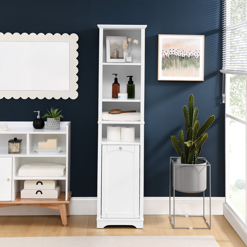 Bathroom Storage With 4 Adjustable Shelves & Laundry Hamper - For Home Cabinet Small Spaces Hidden, White