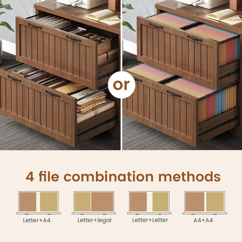 2-Drawer Filing Cabinet, Farmhouse Wood Tall File Cabinet for Home Office with Storage Shelves, Fits Letter/Legal/A4 Size, Lateral File Cabinet with Bookshelf, Brown