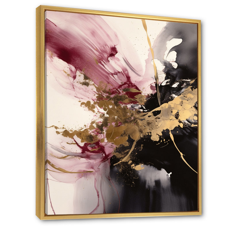 Or et rose fluides I sur toile, Cadre flottant doré, H 44 po x l 34 po x P 1,5 po