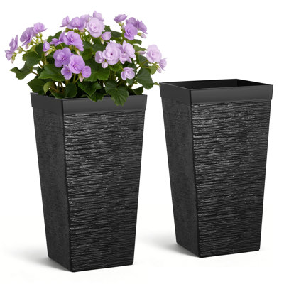 Tall Planters, 23 Inch Large Outdoor Taper Planters for Outdoor Indoor Plants, Front Porch Plastic Modern Flower Pots with Casters, Inner Pot & Drainage Holes for Patio, Garden, Black