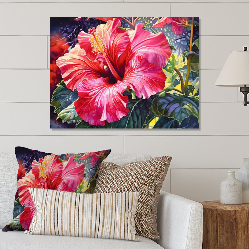 Hibiscus rouge tropical harmonie II - art mural floral en métal, H 16 po x l 32 po x P 1 po