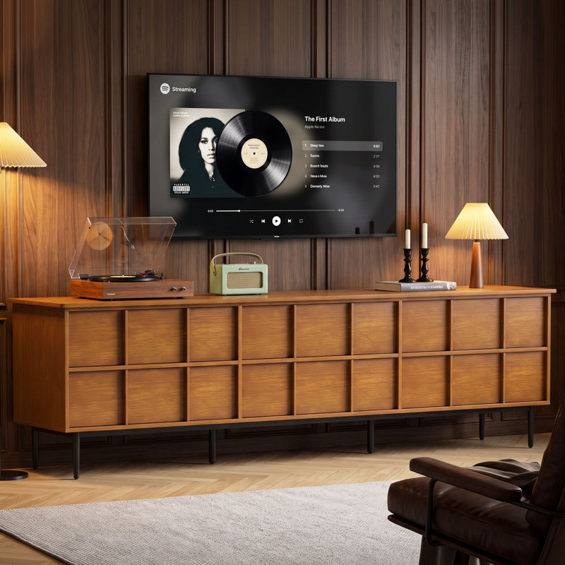 Meuble télé en bois massif de 220 cm (86,61 po) pour téléviseurs jusqu'à 229 cm (90 po), avec 6 tiroirs, pieds en métal et système de gestion des câbles.