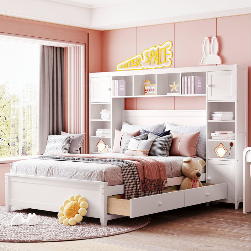 Lit double en bois avec armoire intégrée, une tablette et un rangement - Blanc espace, Blanc