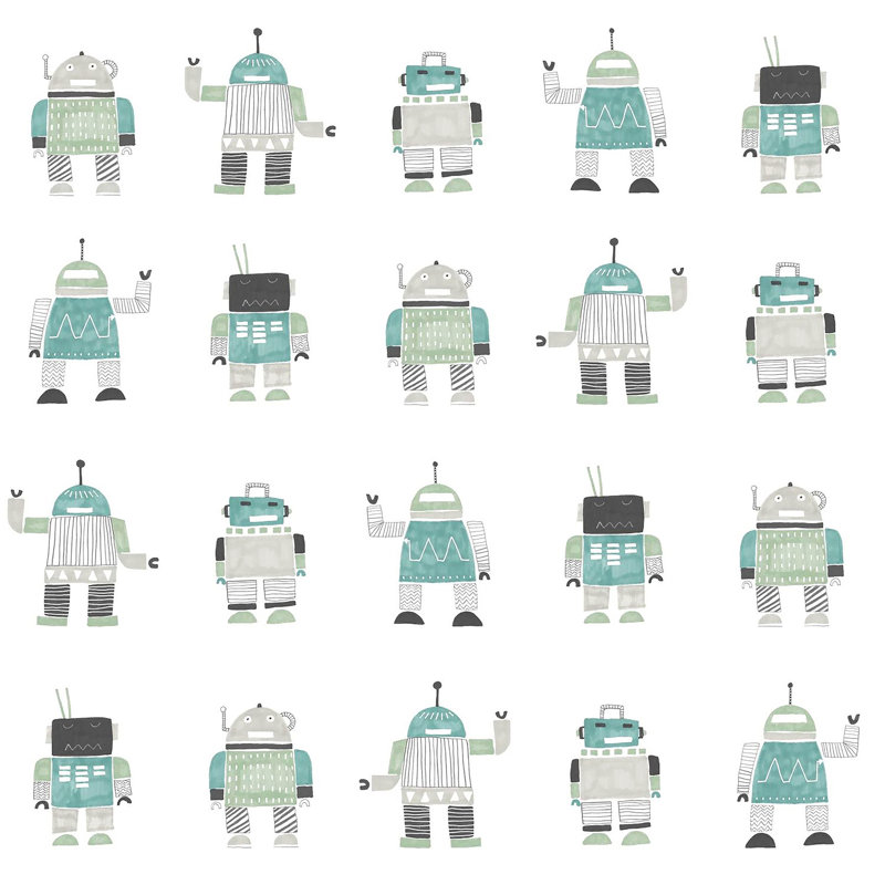Rouleau de papier peint Moorton Callum Robots L 33 pi x l 20,9 po, Bleu sarcelle