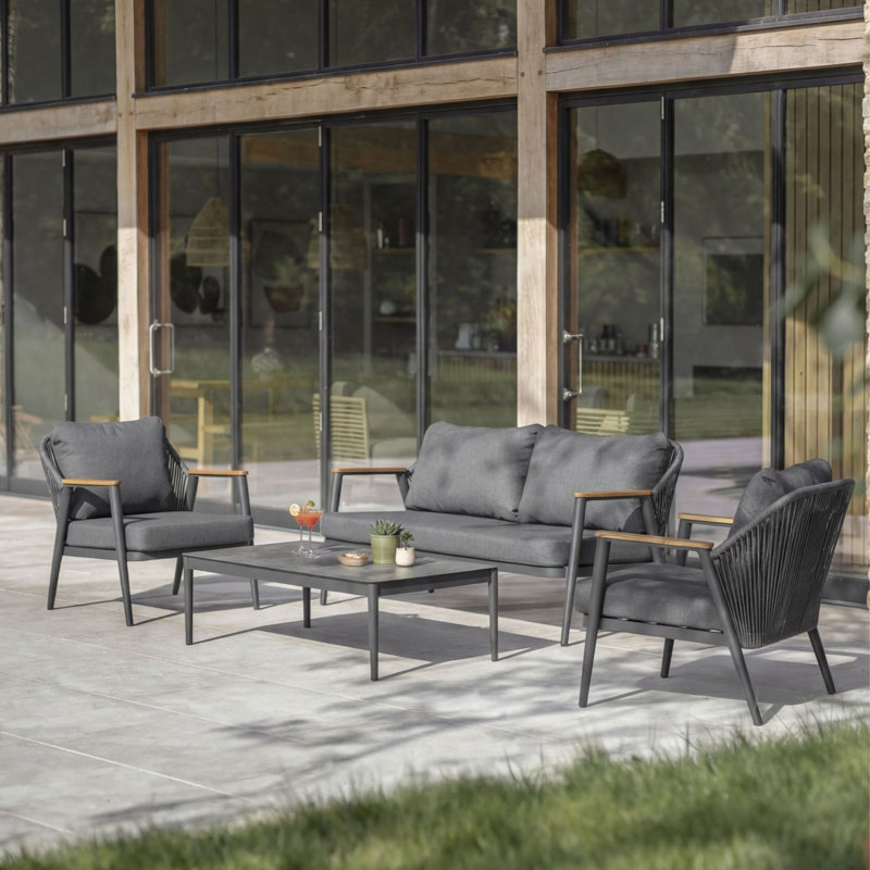 Antibes 2 Seater Sofa with Rectangle Coffee Table & 2 Armchairs, Grey Cushion/Black Frame