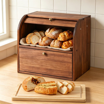 Wooden Bread Box for Kitchen Countertop, Roll Top Breadbox, Large Double Layer Pantry Container, Wood with Cutting Board, Fresh Homemade Sourdough Bin Cabinet, Vintage Farmhouse