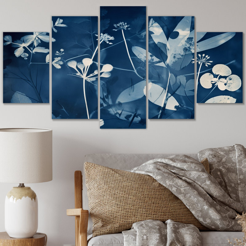 Rétro Botanicals feuilles abstraites rétro bleu vii - abstrait Botanicals Wall Art salon - 5 panneaux