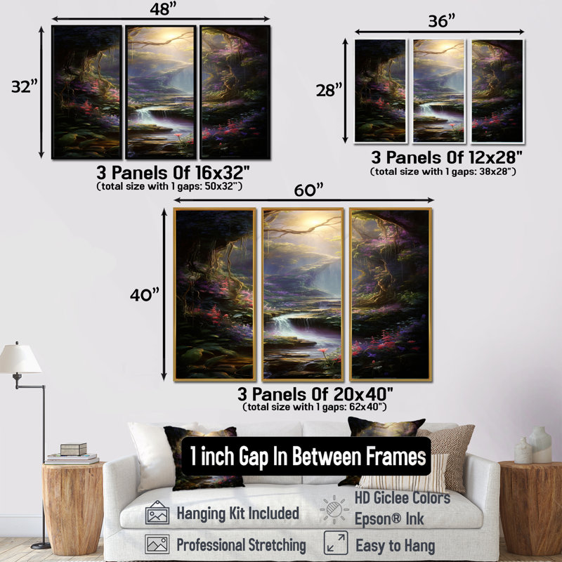 Ensemble de salon Magical Stream With Flowers In The Woods - River Wall Art, Cadre flottant doré, H 32 po x l 48 po x P 1 po