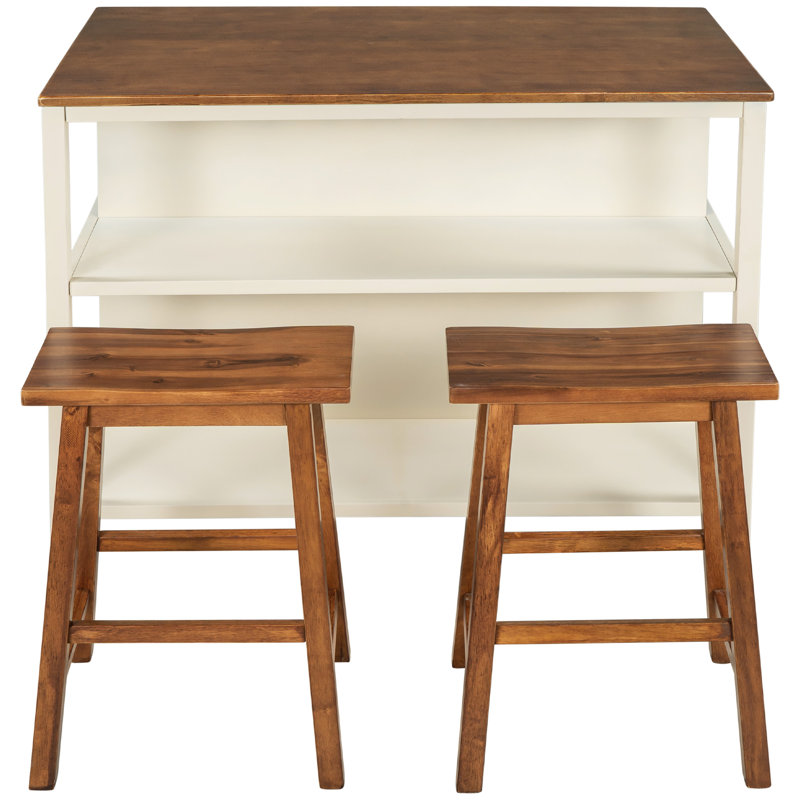 Charming Rustic Solid Wood Kitchen Island Set With Functions, Cream White