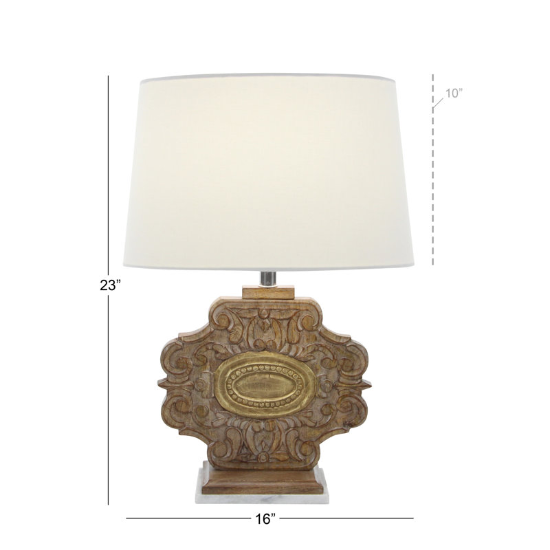 Lampe de table en bois sculpté à la main avec abat-jour tambour blanc Pankow