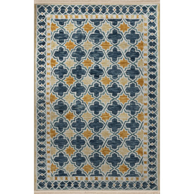 Blue-Yellow Themed Geometric Motif Patterned Fringed Vintage Decorative Rug
