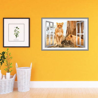 Décalcomanie murale fenêtre animal 3d lioness