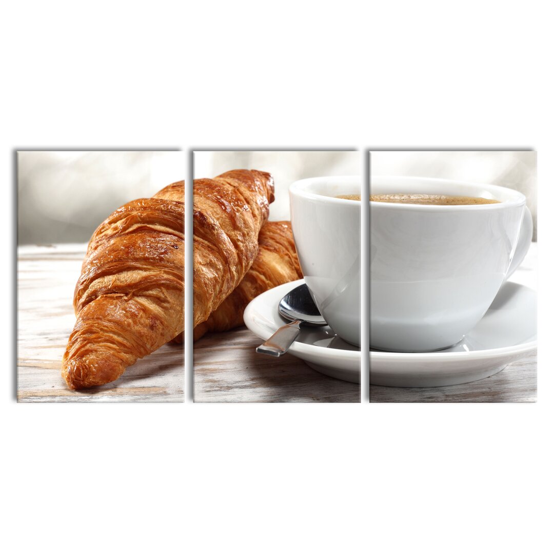 3-tlg. Leinwandbilder-Set Frisches Croissant und Kaffee