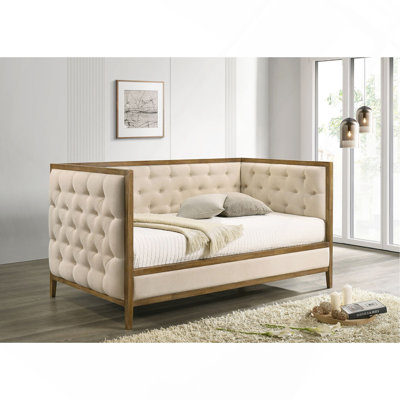 Transitional Style 1pc Twin Size Daybed Diamond Tufting Wood Trim Mattress Ready Natural Oak Finish Primary Living Room