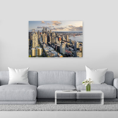 Sunny Seattle Cityscape Modern Vibrant Abstract Architecture City Wall Art Print 1 Piece Wrapped Canvas Wall Art