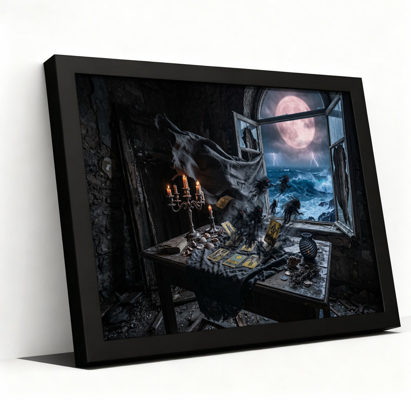 Cartes de tarot sombres et bougies avec mer déchaînée et toile murale d'Halloween, H 24 po x l 36 po