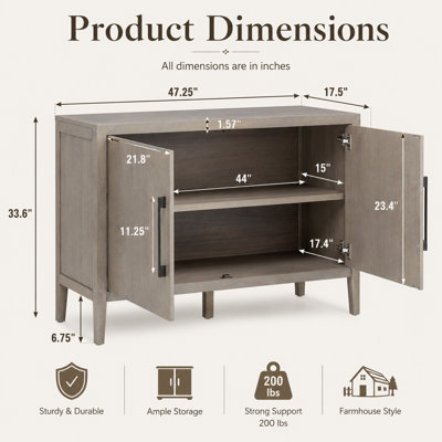 Buffet de style campagnard Varello 47,25 po avec 2 portes, fini placage pin, poignées en métal, tablette intérieure fixe et pieds réglables