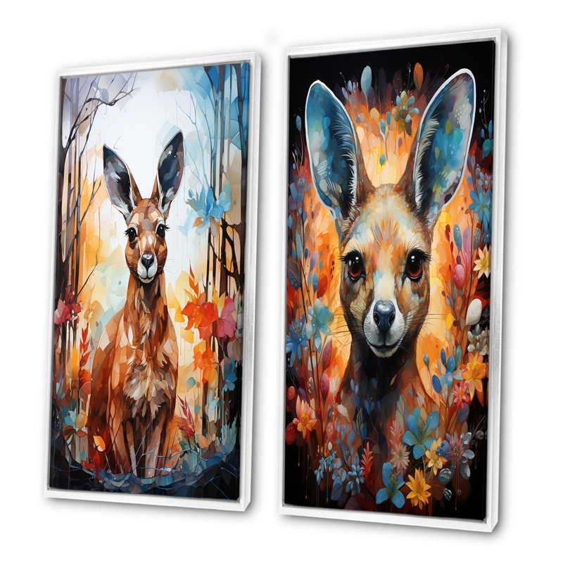 «Kangaroo coloré», ensemble d'art mural sur toile Kangaroo, Cadre blanc, H 28 po x l 25 po