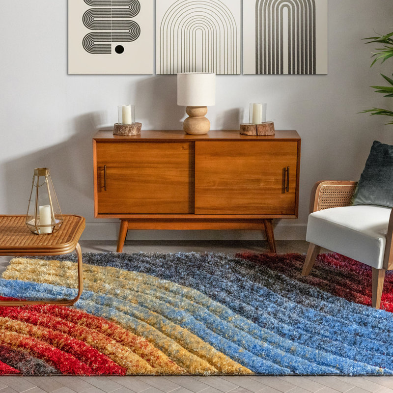 San Francisco Red and Multicolor Geometric Shag Rug 4' x 6'