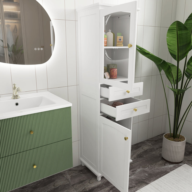 63"Tall Free-Standing  With Glass Doors,  Two Drawers And Adjustable Shelves Bathroom Storage Cabinet In White