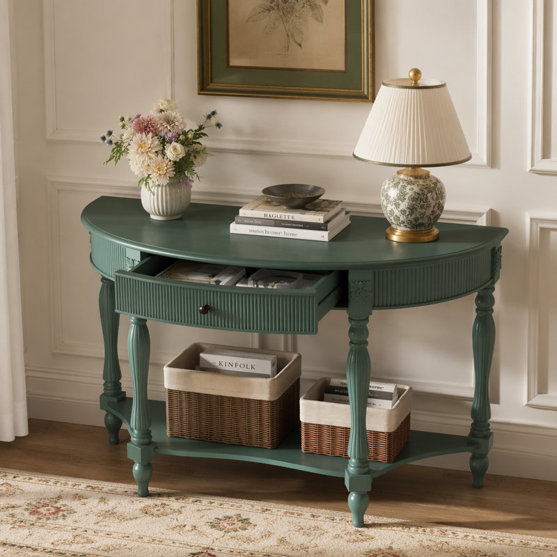 Console demi-lune en bois massif avec tiroir et tablette, Vert antique, Vert antique, Vert antique