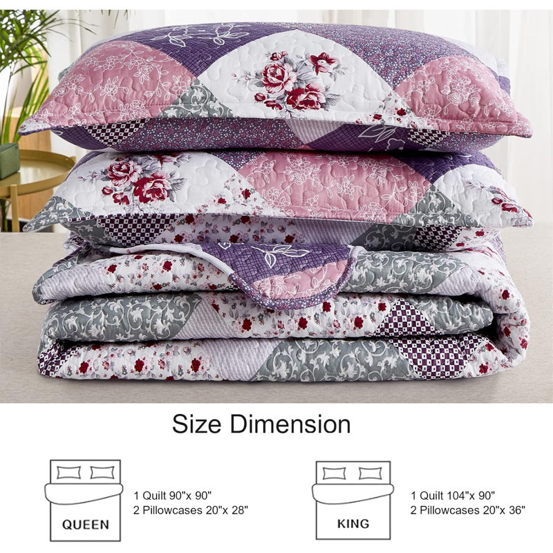 Ensemble de couvre-lit toutes saisons 3 pièces, Courtepointe pour lit grand + deux taies décorati, Mauve