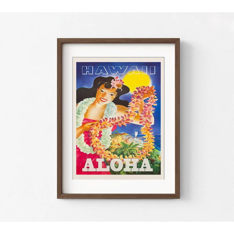 «Hula Girl», affiche rétro d'Hawaï, Aloha, H 18 po x l 24 po, Reproduction encadrée avec passe-partout blanc, Brun