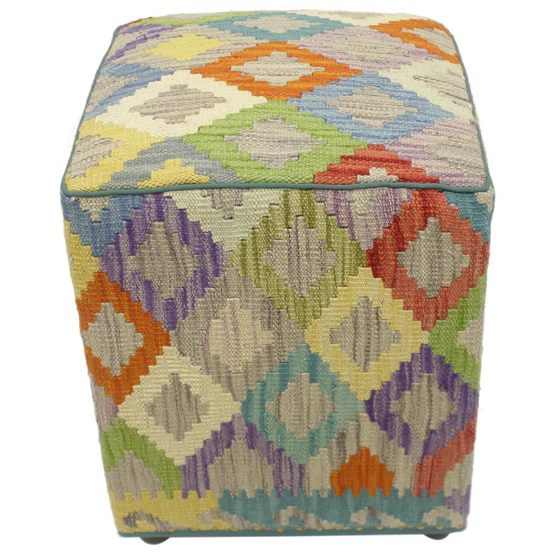 Aprea Upholstered Ottoman, Red/Blue/Rust/Beige Wool