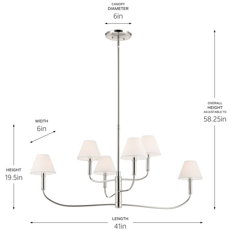  6-Light Classic Shaded Arm Chandelier, 19.5" H x 6" W x 41" D, Polished Nickel