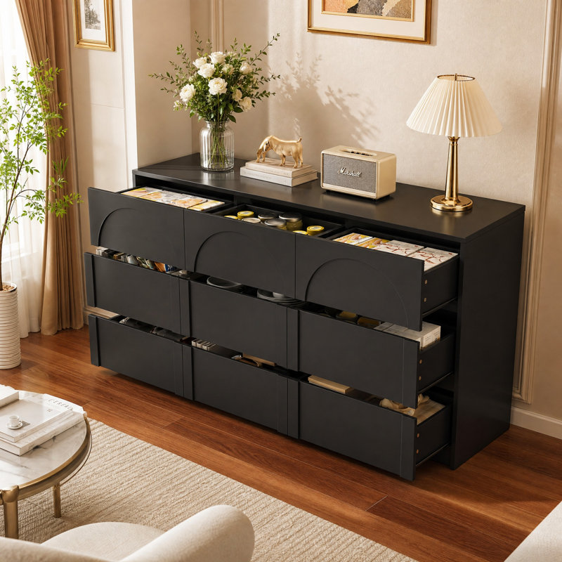 Buffet à 9 tiroirs de 160 cm de large avec glissières métalliques et motif festonné décoratif, Noir, noir, noir, noir