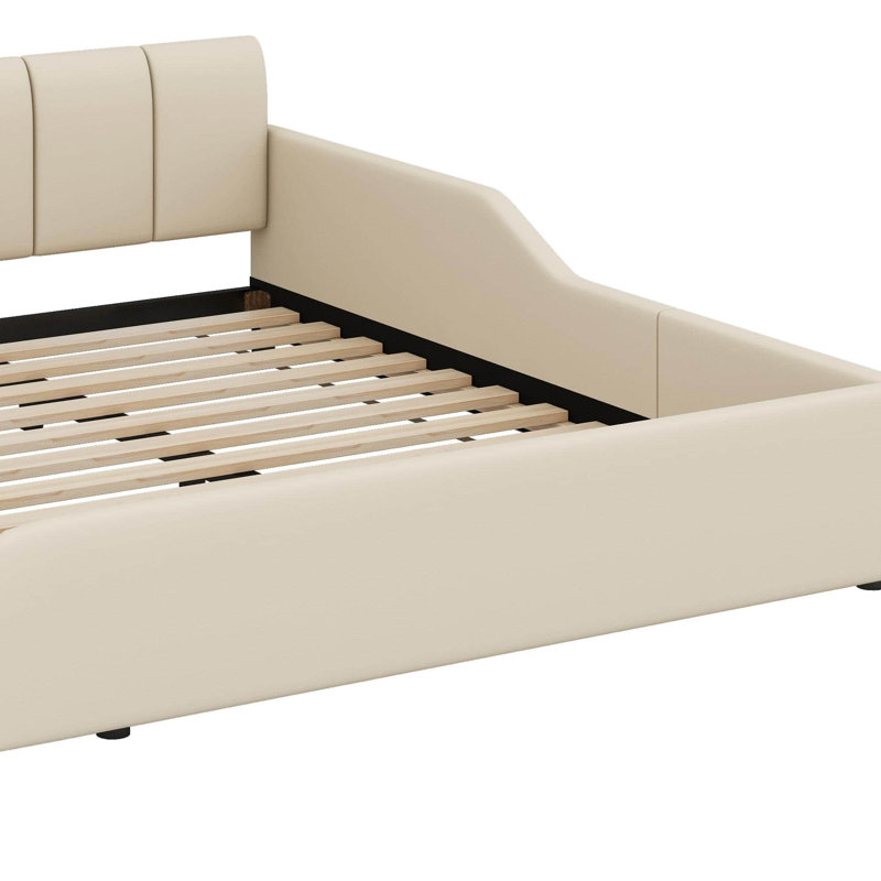Full Size Upholstered Grounded Bed, Mother & Child Bed With Bedside Desk, Gray