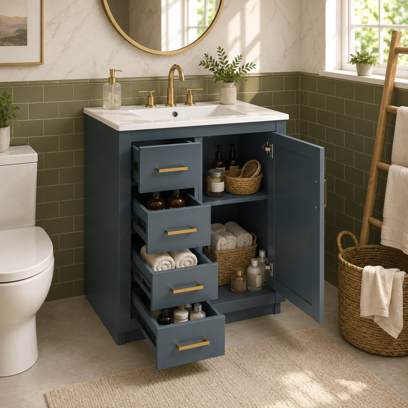 Meuble-lavabo bleu intégré en céramique de 24 pouces avec une porte à trois tiroirs et un meuble-lavabo spécialement conçu pour les petites salles de bain.