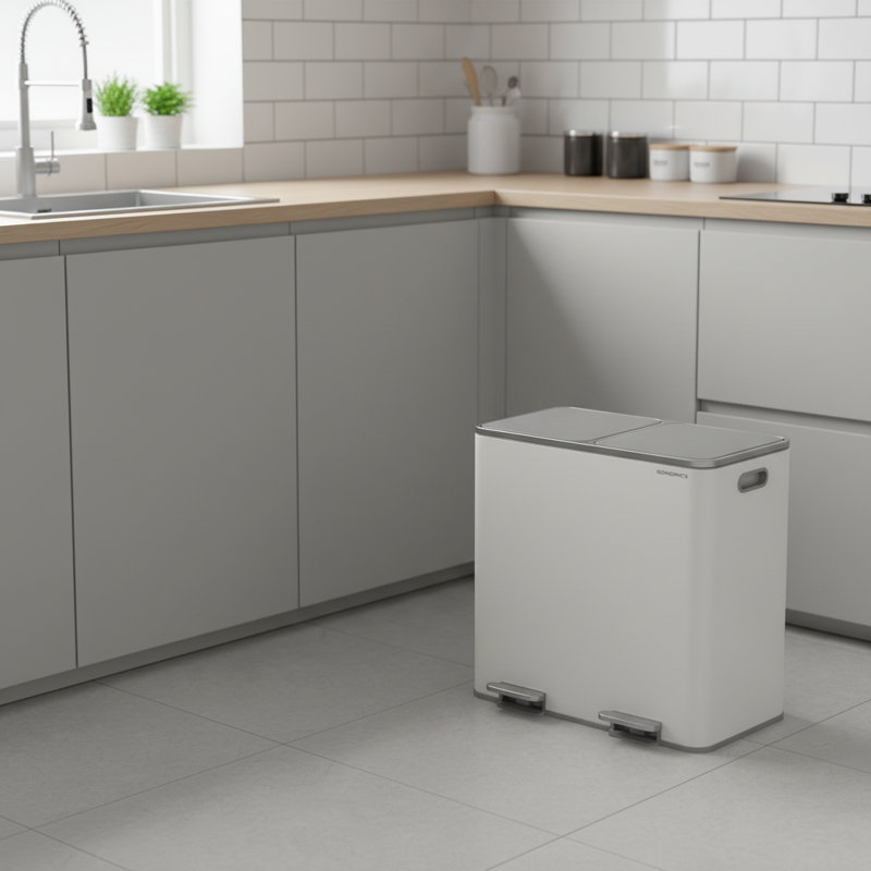 2 poubelles à compartiments 10,6 gallons avec 15 sacs poubelles, Blanc / Gris