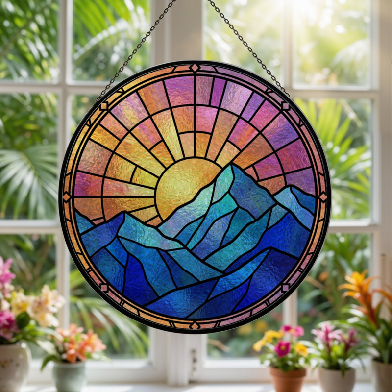 Panneau de vitrail 12 "H Sunset Mountains, H 12 po x l 12 po