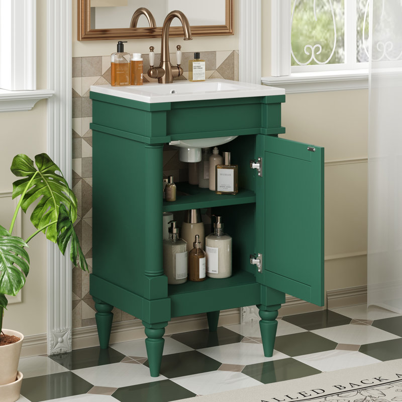 Meuble-lavabo de salle de bain moderne rétro 18 po avec lavabo en céramique, meuble de rangement autoportant avec tablette réglable