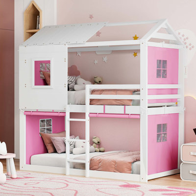 Twin-Size Wooden Bunk House Bed with Detachable Play Tent