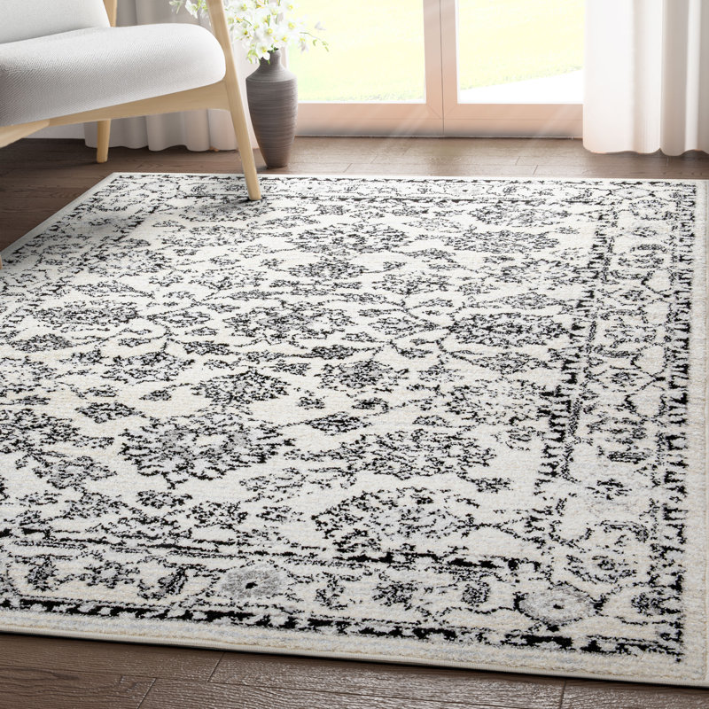 Tapis ivoire à bordure oriental botanique persan Espitia Palace, Rectangle 7 pi 10 po x 9 pi 10 po