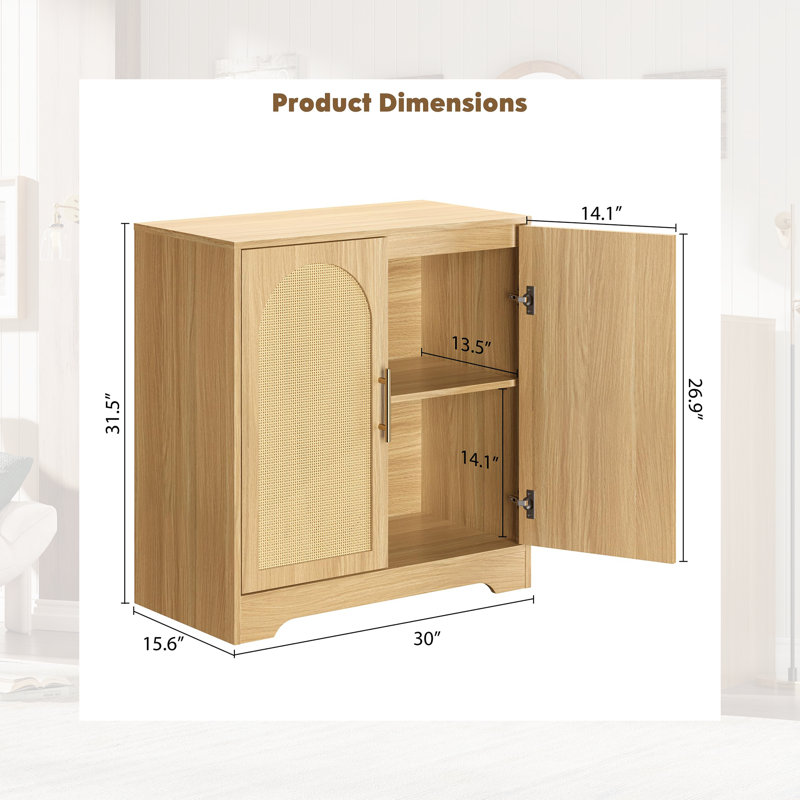 Buffet 30 po de large avec 2 portes arquées en rotin et dispositif anti-basculement - Blanc, Naturel