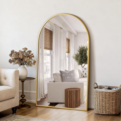 Miroir mural arqué de 50 po x 30 po pour salle de bain - Miroir de courtoisie élégant avec cadre en aluminium doré et verre incassable haute définition pour salle de bain, entrée, chambre et salon
