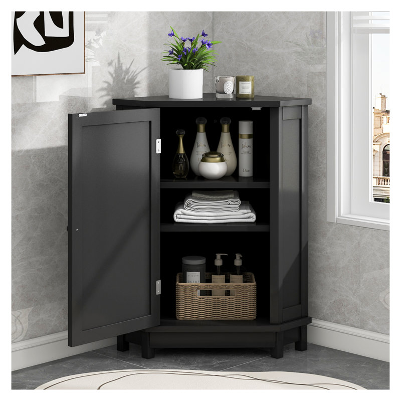 Armoire de coin de salle de bain noire avec tablette réglable - Armoire de rangement moderne en bois aggloméré