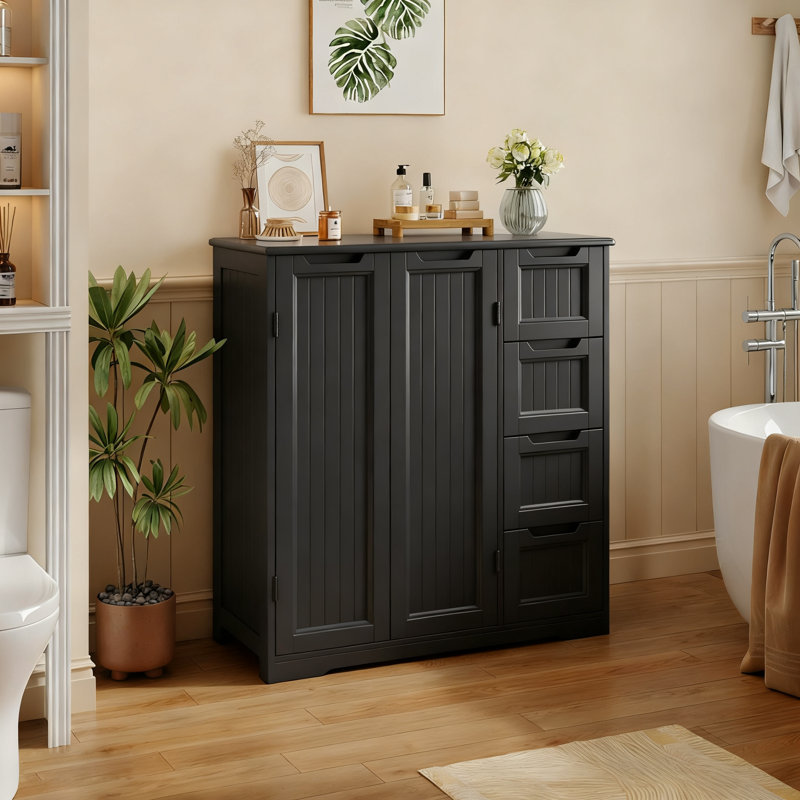 31.5" W Bathroom Cabinet, Freestanding Storage Cabinet with 4 Drawers, Double Doors, Matte Black